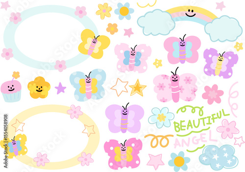 Cute vector illustrations of pastel butterfly, cupcake, rainbow and cloud, star, flower, beautiful letters for decorations, cartoon, characters, comic, stickers, patch, nature, garden, insects, summer