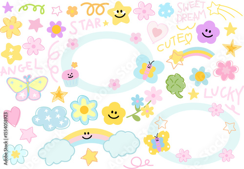 Cute vector illustrations of pastel butterfly, heart, rainbow and cloud, star, flower, clover leaf for decorations, cartoon, characters, comic, stickers, patch, nature, garden, insects, summer break