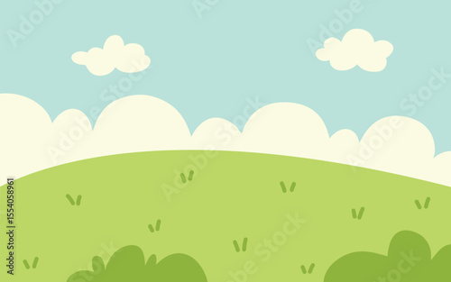 Cartoon Landscape Featuring A Green Hill, Sparse Grass, Bushes, A Blue Sky, And Fluffy White Clouds.