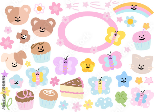 Cute vector illustrations of teddy bear, cat, puppy, butterfly, cupcake, rainbow, star, flower, clover leaf for decorations, cartoon, characters, comic, stickers, patch, brooch, birthday card, summer