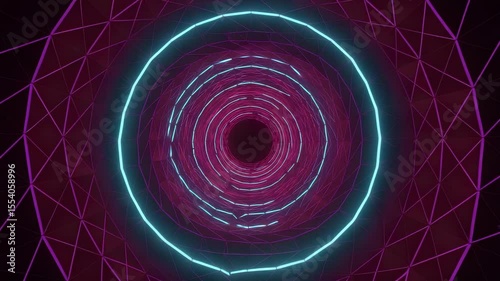 Abstract Looping Tunnel of Glowing Rings in Pink and Blue Colors on Black Background
