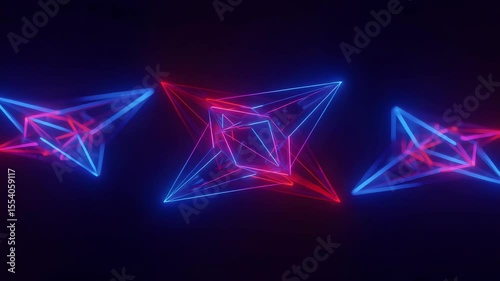 Abstract Neon Geometric Shapes with Red and Blue Lines Against Black Background Creates Modern and Futuristic Visuals
