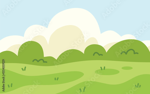 Green Landscape With Rolling Hills And Fluffy White Clouds Against A Blue Sky.