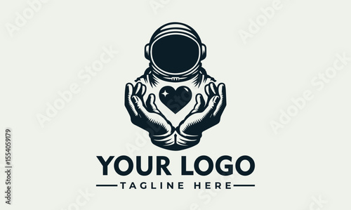 An astronaut logo holding a heart in cupped hands, with space for a company name and tagline.