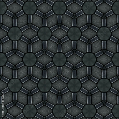 Intricate geometric pattern featuring a repetitive design of circular and angular shapes in dark tones, set against a textured black background,