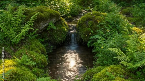 Lush Green Forest Stream with Sunlight Reflecting on Water