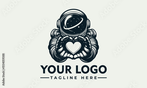 Astronaut logo design with hands forming a heart, space theme.