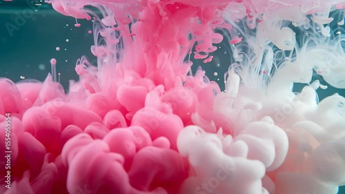 Abstract Pink and White Ink Swirls Creating a Mesmerizing Cloud on Dark Aqua Background