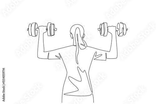 Single one line drawing a young woman lifting a dumbbell with each hand. Maintain health by actively exercising. Sweat and healthy. National Fitness Day. Continuous line design graphic illustration