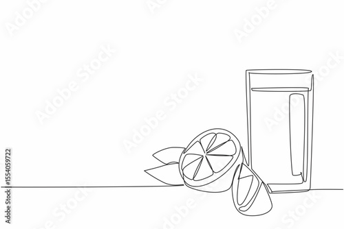 Single one line drawing a glass of orange juice and beside the glass there is an orange cut in half. Enjoying squeezed orange. National Orange Juice Day. Continuous line design graphic illustration