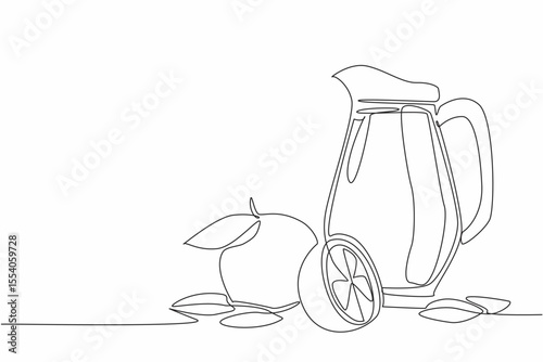 Single one line drawing pitcher filled with orange juice with orange pieces. Refreshing drink with vitamin C. Thirst quencher. National Orange Juice Day. Continuous line design graphic illustration
