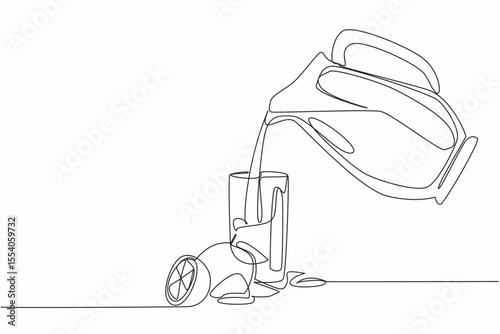 Continuous one line drawing pitcher of orange juice poured into a glass along with orange slices. Serves freshness in summer. National Orange Juice Day. Single line draw design vector illustration