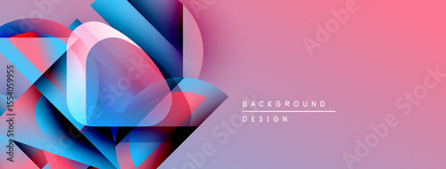 Abstract geometric shapes blend vibrant blues, pinks, purples. Gradient background creates modern visual impact. Design element for headers, banners.