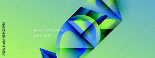 Abstract design features vibrant blue, green gradients. Fluid shapes overlap creating dynamic composition. Light reflects off surfaces. Modern aesthetic.