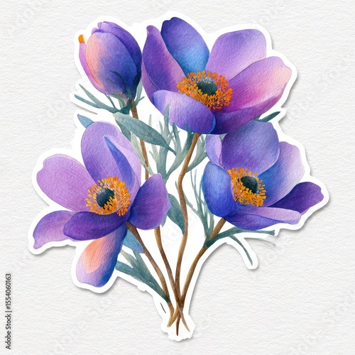 Watercolor-style bouquet of purple flowers with subtle orange centers, on a white background with a sticker border