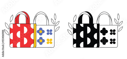 A collection of modern tote bag illustrations with patterned designs and decorative leaf elements on a white backdrop