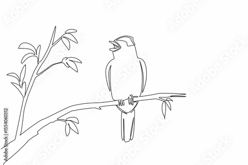 Continuous one line drawing blackcap bird perched on tree branch with leaves. Cold weather resistant birds. The songbird. International Dawn Chorus Day. Single line draw design vector illustration
