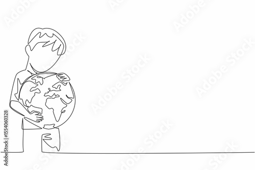 Single continuous line drawing the boy hugging globe. A symbol of keeping tightly. Not making air pollution. Protecting the earth from damage. Care. World Give Day. One line design vector illustration
