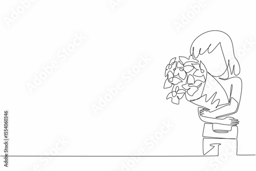 Single one line drawing girl hugging bouquet of flowers. A sign of concern for fellow human beings. Give each other a positive impression. World Give Day. Continuous line design graphic illustration