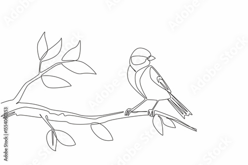 Single continuous line drawing great tit bird perched on a tree branch with leaves. The lively and colorful chirper. The songbird. International Dawn Chorus Day. One line design vector illustration
