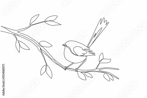 Tableau sur toile Continuous one line drawing fairy wren perched on a tree branch with leaves