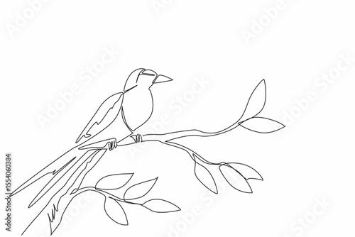 Single continuous line drawing lilac breasted roller perched on a branch with leaves. Beautiful bird with special adaptation style. International Dawn Chorus Day. One line design vector illustration