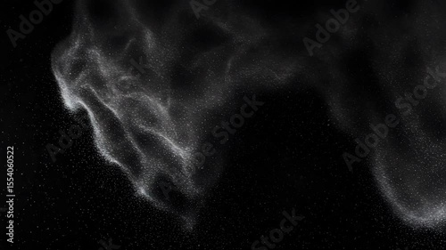 Abstract Silver Glitter Particles Flowing in Space Against Black Background, Shimmering Ethereal Swirls and Twirls