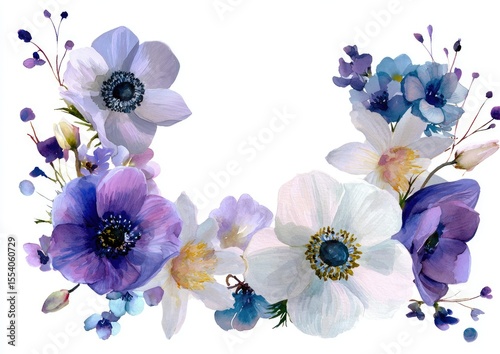 Delicate watercolor floral arrangement featuring various shades of purple, white, and blue blossoms