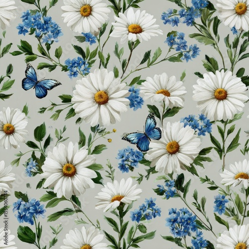Seamless pattern of white daisies, forget-me-nots, and blue butterflies on a gray background