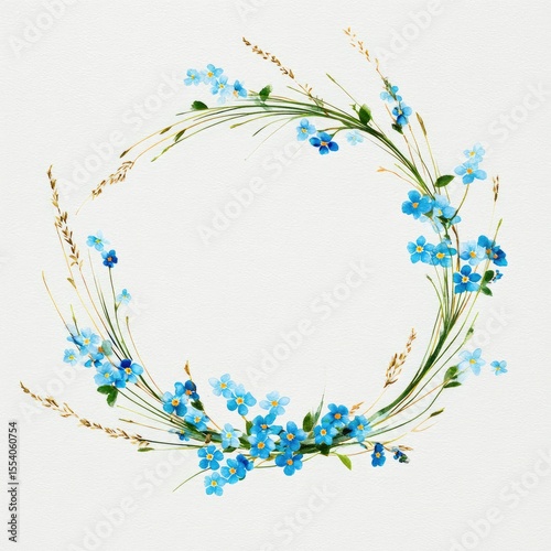 Delicate blue flower wreath with grass