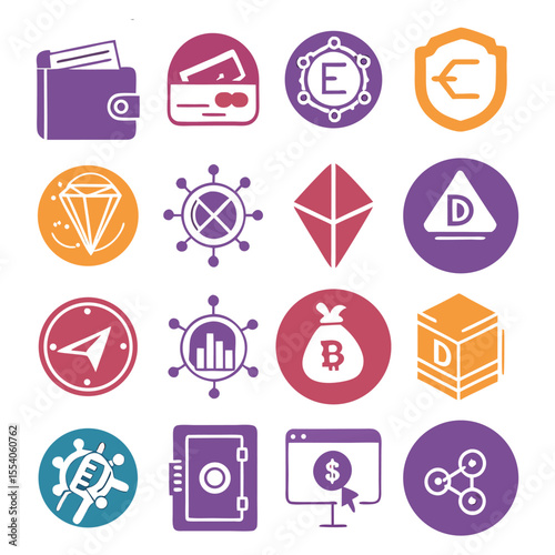 Colorful Cryptocurrency Icon Set | Blockchain, Digital Coin, Bitcoin & Altcoin Vector Symbols.

