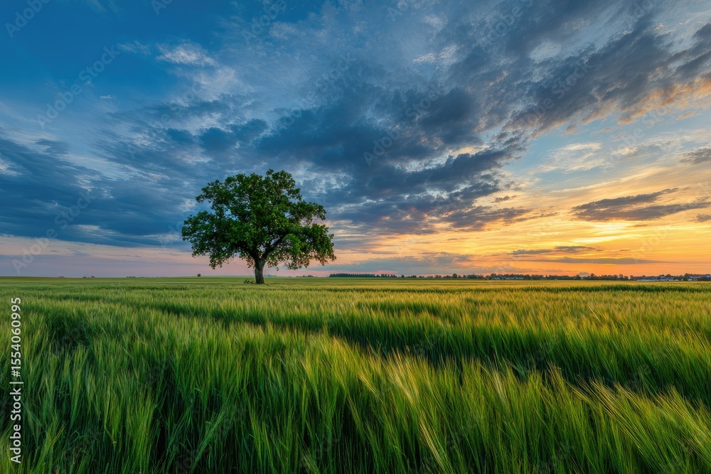 Obraz premium Single tree in a golden sunset field