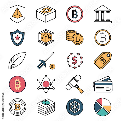 Colorful Cryptocurrency Icon Set | Blockchain, Digital Coin, Bitcoin & Altcoin Vector Symbols.

