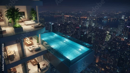 Luxury rooftop pool overlooking a vibrant city skyline at night