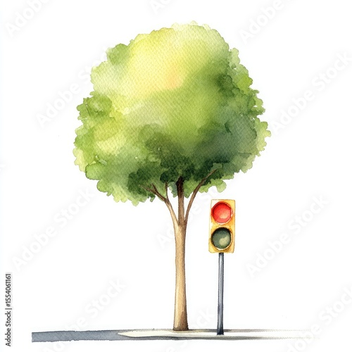 Watercolor painting of a tree and a traffic light, casting a long shadow, on a white backdrop