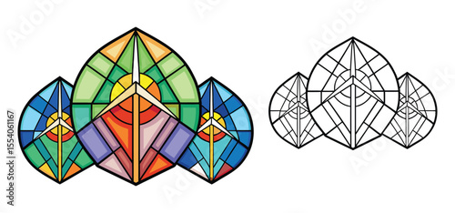 A colorful geometric stained glass illustration featuring wind turbine imagery and solar energy symbolism for various design applications.