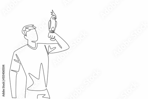 Single continuous line drawing white cockatiel bird perched on hand of man. Birds resulting from genetic mutations. The little crested parrot. Man Holding Bird. One line design vector illustration