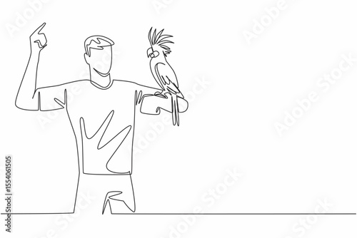 Single continuous line drawing black cockatoo bird perched on hand of man. Cockatoos originate from Australia. Migratory birds. Gentle bird. Man Holding Bird. One line design vector illustration