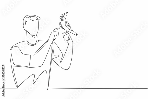 Continuous one line drawing grey cockatiel perched on hand of man. Beautiful bird with a tame and calm nature. The obedient little parrot. Man Holding Bird. Single line draw design vector illustration