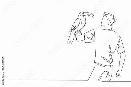Single one line drawing keel billed toucan perched on hand of man. This species is found in tropical forests. Eat insects or fruit. Pets. Man Holding Bird. Continuous line design graphic illustration