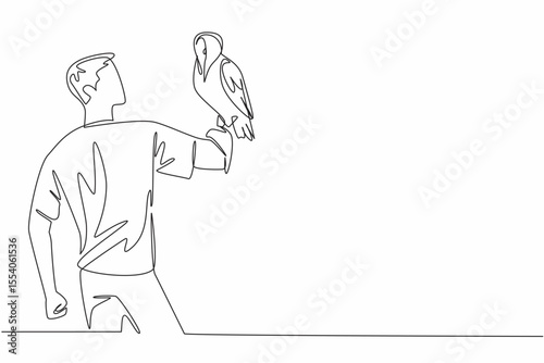 Single one line drawing snowy owl perched on hand of man. Also known as the polar owl, white owl, and arctic owl. Pure white fur. The pet. Man Holding Bird. Continuous line design graphic illustration