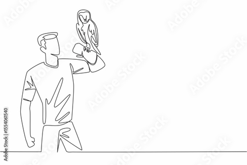 Continuous one line drawing barn owl perched on hand of man. Has a distinctive facial feature with a heart pattern. Gentle to humans. Man Holding Bird. Single line draw design vector illustration