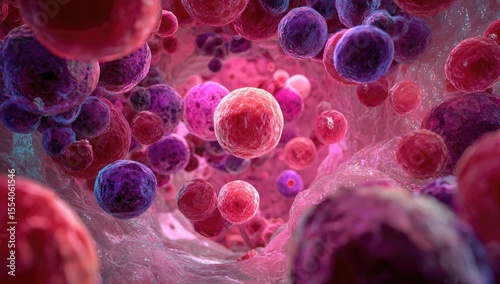 Microscopic view of cells, vibrant colors