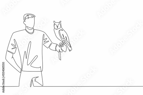 Single one line drawing long eared owl perched on hand of man. Holds in safe way. Has a uniqueness in its ears. Meet at the wildlife park. Man Holding Bird. Continuous line design graphic illustration