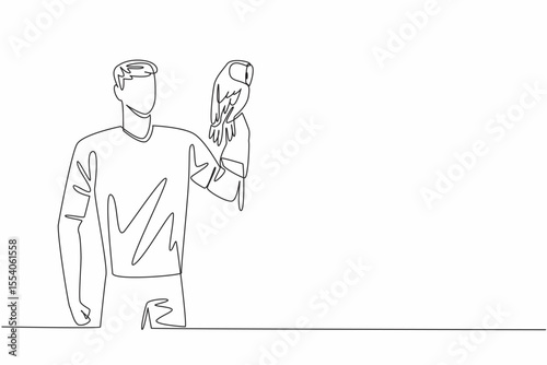 Continuous one line drawing tawny owl perched on hand of man. Stocky brown owl. Large eyes help hunting in the dark. Largest owl in UK. Man Holding Bird. Single line draw design vector illustration
