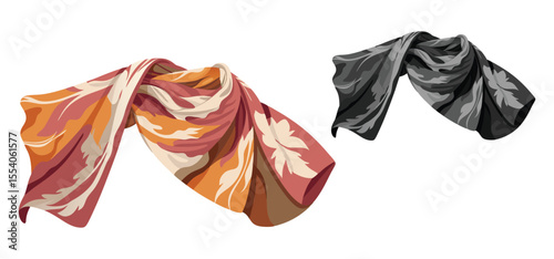 A vibrant vector illustration showcasing two flowing scarves in different color schemes with leaf patterns