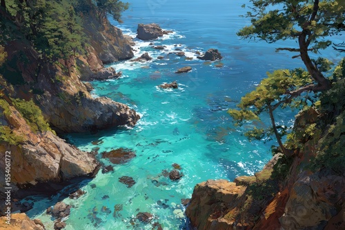 Coastal vista, vibrant turquoise water, rocky cliffs, lush pines