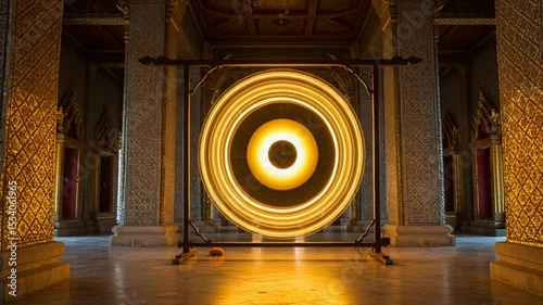 Majestic glowing circle in ornate temple hall at sunset
