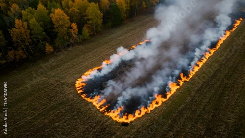 Aerial View of a Fire Burning Across a Dry Grass Field with Autumn Trees and Smoke