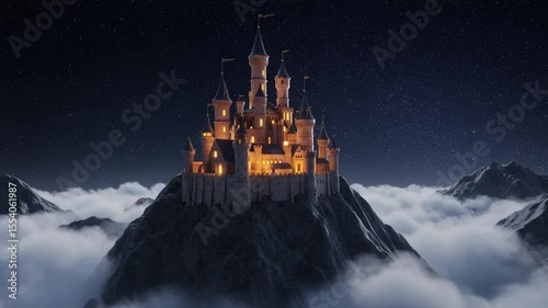 Majestic castle illuminated at night above clouds in mountains